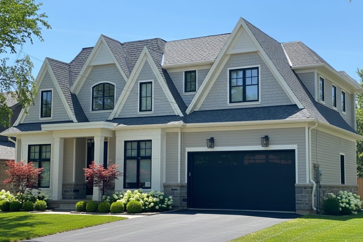 Timeless shingle-style custom home exterior in Oakville built by Prasada Custom Homes