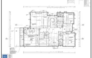 Architectural drawing of a new custom home in Oakville, showing floor plans, elevations, and structural details for a 4,710 sq. ft. residence designed for Prasada Custom Homes.