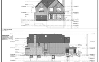 Architectural drawing of a new custom home in Oakville, showing floor plans, elevations, and structural details for a 4,710 sq. ft. residence designed for Prasada Custom Homes.