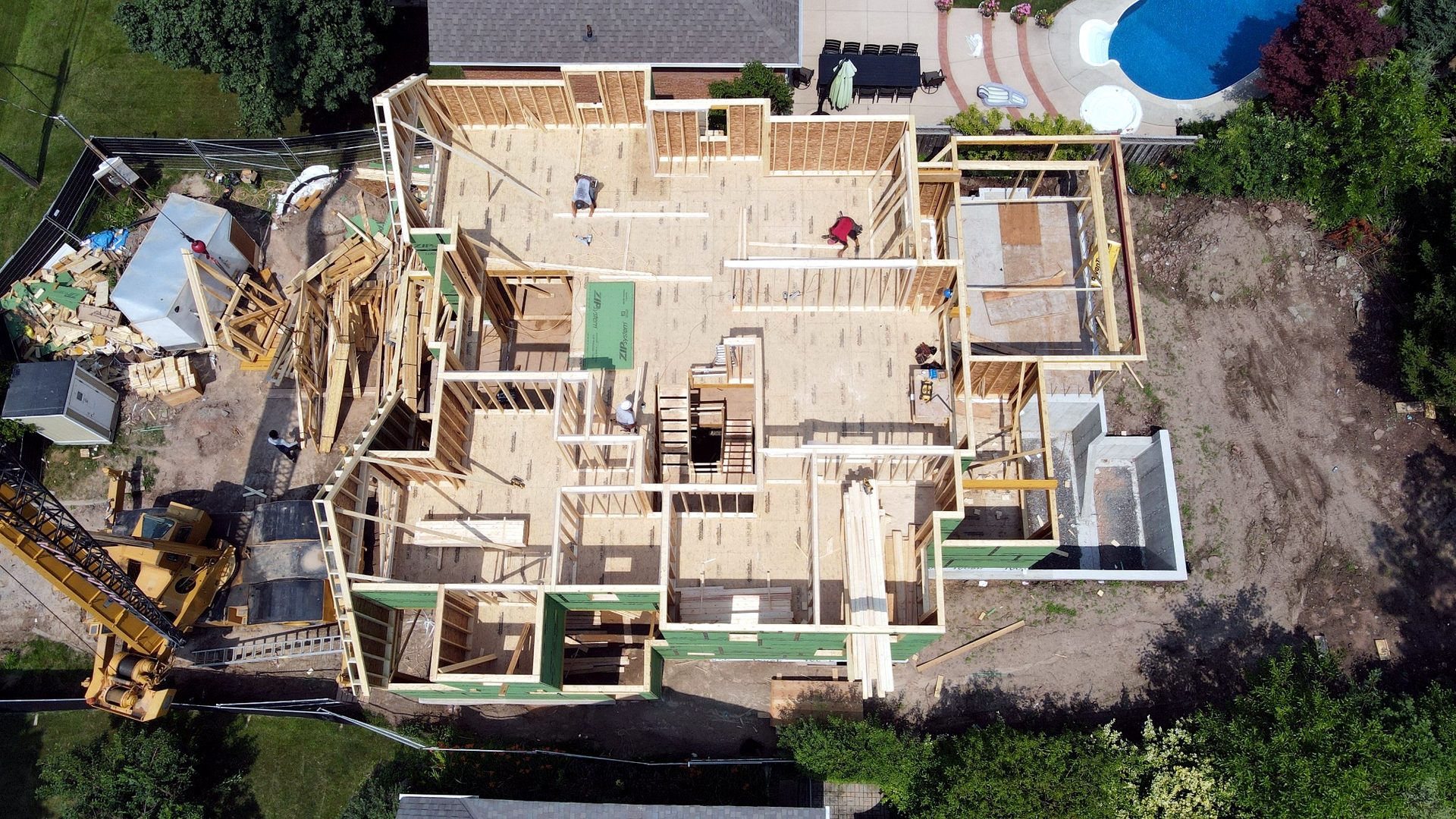 Aerial view of custom home framing during construction in Oakville by Prasada Custom Homes